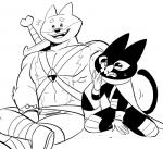 anthro black_nose blush clothing duo gloves handwear humanoid_hands male melee_weapon muscular muscular_male simple_background sitting sword weapon c2ndy2c1d junkmixart cartoon_network mao_mao:_heroes_of_pure_heart bao_bao_(mao_mao) sheriff_mao_mao_mao canid canine canis domestic_cat domestic_dog felid feline felis mammal shiba_inu spitz 2019 monochrome