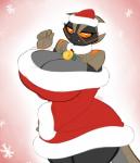 2017 alien anthro averyshadydolphin bell big_breasts big_butt breasts butt christmas christmas_clothing christmas_headwear claudia_(averyshadydolphin) cleavage clothed clothing collar costume digital_media_(artwork) dragon female hand_on_hip hat headgear headwear holidays holly_(plant) huge_breasts looking_at_viewer markings mythological_creature mythological_scalie mythology non-mammal_breasts orange_eyes orange_markings orange_sclera plant pose santa_costume santa_hat scalie simple_background solo tail teeth thick_thighs tuft unimpressed wide_hips