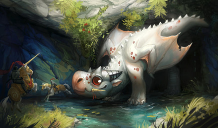 ambiguous_gender detailed_background feral grass group horn knight male membrane_(anatomy) membranous_wings plant red_eyes smile spines tail warrior water wings alradeck conditional_dnp mythology dragon equid equine horse mammal mythological_creature mythological_scalie scalie digital_media_(artwork) source_request unavailable_at_source