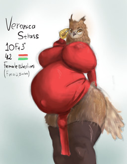 5_fingers anthro belly big_breasts big_butt big_penis breasts butt clothing disgust eyewear fingers flag genitals glasses gynomorph huge_breasts hyper hyper_genitalia intersex looking_at_viewer membrane_(anatomy) membranous_wings navel nipples penis pregnant red_clothing simple_background solo text thick_thighs wings remislavov avian bird owl absurd_res english_text hi_res