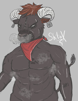 angry anthro bodily_fluids bound chain chained male mature_male muscular muscular_male musk musky_armpit smoke smoke_from_nose solo sweat shitox bovid bovine cattle mammal hi_res