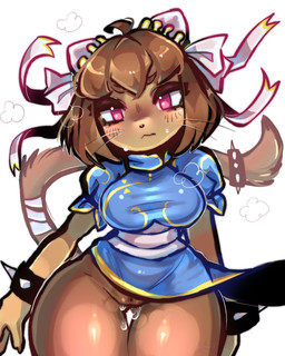 anthro asian_clothing blush bodily_fluids bracelet breasts brown_hair chinese_clothing chinese_dress clothing cosplay costume crossover_cosplay cum cum_in_vagina cum_inside dress dripping east_asian_clothing female front_view fur genital_fluids genitals hair headgear headwear jewelry leggings legwear looking_at_viewer pink_eyes solo spiked_bracelet spikes steam tail tan_body tan_fur vulva wraps h0t-garbage capcom gameoverse glitch_productions street_fighter chun-li kit_bodega felid feline mammal 4:5 absurd_res crossover hi_res shaded signature