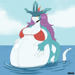 anthro belly big_belly big_breasts bikini bikini_top blue_body breasts claws clothed clothing female fur hair hand_on_belly horn huge_belly hyper hyper_pregnancy looking_at_viewer nipple_outline partially_submerged pregnant pregnant_anthro pregnant_female purple_hair red_eyes smile solo spikes spikes_(anatomy) swimwear tail two-piece_swimsuit water white_body dhalek nintendo pokemon ancient_pokemon generation_9_pokemon paradox_pokemon pokemon_(species) walking_wake 1:1 absurd_res digital_media_(artwork) hi_res