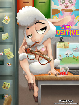 anthro bedroom_eyes biped breasts computer computer_keyboard computer_monitor container crossed_legs cup desk electronics eyelashes eyewear female fur furniture glasses green_eyes half-closed_eyes heart_eyes heart_symbol horn looking_at_viewer narrowed_eyes navel nipples nude on_desk post-it_note poster seductive sitting smile solo table text wool_(fur) wastedtimeee disney lego mythology the_lego_movie zootopia dawn_bellwether unikitty bovid canid canine canis caprine domestic_cat domestic_sheep equid equine felid feline felis hybrid mammal mythological_creature mythological_equine sheep unicorn wolf 3:4 english_text hi_res picture_in_picture url
