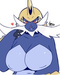 anthro big_breasts biped blue_body blush breasts female front_view fur heart_symbol huge_breasts nipple_outline nipples orange_eyes simple_background smile solo white_background white_body white_fur gearfactory nintendo pokemon generation_5_pokemon pokemon_(species) samurott 4:5