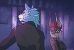 anthro black_clothing blue_body clothing duo female hair male male/female markings red_hair spots spotted_body aternoir brand_new_animal studio_trigger shirou_ogami canid canine canis felid feline lynx mammal wolf hi_res