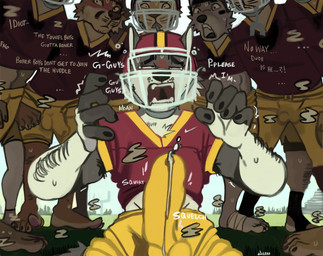 american_football american_football_uniform anthro arm_hair aroused aroused_by_another aroused_face aroused_male balls balls_outline barefoot blush blush_lines bodily_fluids body_hair body_worship bottomwear bulge bulge_focus bully bullying clothing crotch_focus crotch_shot cum cum_drip cum_dripping_from_penis cum_from_penis cum_in_clothing cum_in_pants cum_on_self cum_through_clothing cum_through_pants detailed_bulge dialogue dirty_talk dominant dominant_anthro dominant_male dripping ejaculation erection erection_under_bottomwear erection_under_clothing erection_under_pants fangs feet field field_background foot_wraps football_field football_gear football_helmet football_jersey football_pants football_player football_team football_uniform fur genital_fluids genital_outline genitals grass grey_body grey_fur group homophobia homophobic_slur humiliation humiliation_fetish jock kneeling kneeling_on_ground leg_hair looking_pleasured lost_in_pleasure male male/male manly muscular muscular_anthro muscular_male musk musk_clouds musk_worship orgasm orgasm_face outside pants penis penis_outline plant pleasured_male public_erection public_orgasm red_clothing red_helmet red_jersey red_shirt red_topwear shirt shocked sky sport submissive submissive_anthro submissive_male sweat sweatdrop sweaty_arms sweaty_body sweaty_clothing sweaty_face sweaty_legs taunting taunting_partner teasing teasing_partner teeth tenting text throbbing throbbing_penis topwear unwanted_cumshot unwanted_ejaculation unwanted_erection unwanted_orgasm voyeur wet wet_clothing wraps yellow_bottomwear yellow_clothing yellow_pants jerro kyash-tyur canid canine canis mammal wolf english_text hi_res