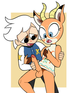 anthro arm_around_partner arm_around_waist balls big_penis blue_eyes blush bodily_fluids bottomless clothed clothing duo erection eyelashes eyewear femboy genitals glasses hair handjob hooves horn humanoid_genitalia humanoid_penis jacket leaning leaning_backward letterman_jacket looking_down male male/male open_mouth penile penis pince-nez sex smile sunglasses sweat sweater sweater_only sweater_vest sweater_vest_only tongue topwear topwear_only vest white_hair miscon animal_crossing nintendo beau_(animal_crossing) villager_(animal_crossing) antelope bovid human mammal 5:6 hi_res
