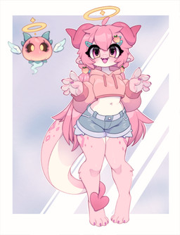 4_toes 5_fingers ahoge anthro bottomwear claws clothing cropped_hoodie duo eyelashes feet female fingers front_view fur hair halo hoodie horn long_hair looking_at_viewer navel open_mouth open_smile paws pink_body pink_claws pink_clothing pink_fur pink_hair pink_hoodie pink_topwear shorts smile tail thick_thighs toes topwear mediocre_peach peachy_(mediocre_peach) kobold scalie colored digital_drawing_(artwork) digital_media_(artwork) hi_res shaded
