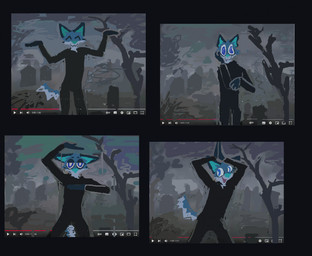 ^_^ anthro black_bottomwear black_clothing black_pants black_shirt black_topwear bottomwear clothing detailed_background eyes_closed holidays male pants plant shirt smile solo tombstone topwear tree demensa halloween youtube emil_(demensa) canid canine canis coyote domestic_dog mammal 2024 hi_res