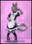 ambiguous_gender anthro bell blep clothing digitigrade fur gesture grey_body grey_fur hand_gesture looking_at_viewer maid_headdress maid_uniform noseless one_eye_closed solo sparkles tongue tongue_out uniform v_sign wink winking_at_viewer inkanyamba_(artist) the_nature_of_predators slanek_(the_nature_of_predators) alien mammal venlil_(the_nature_of_predators)