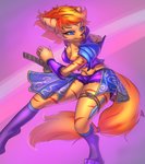 3_toes 5_fingers abstract_background anthro armor blue_eyes bottomwear breasts brown_nose cleavage clothed clothing digitigrade feet female fingers fur hair katana knife melee_weapon navel orange_body orange_fur orange_hair pants short_hair shorts smile solo sword tail toes topwear weapon prisma6 full-length_portrait hi_res portrait shaded soft_shading