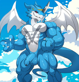 3_fingers abs anthro balls barazoku biceps big_muscles big_pecs blue_balls blue_body blue_penis blue_scales calf_muscles deltoids erection fangs fingers foreskin front_view genitals grin grinning_at_viewer horn humanoid_genitalia humanoid_penis looking_at_viewer male markings membrane_(anatomy) membranous_wings muscular muscular_anthro muscular_male muscular_thighs nude nude_anthro nude_male pecs penis quads red_eyes scales sky skyscape smile smiling_at_viewer solo tail teeth triceps unretracted_foreskin wings darknaigart bandai_namco digimon mythology digimon_(species) dragon exveemon mythological_creature mythological_scalie scalie 2026 absurd_res digital_drawing_(artwork) digital_media_(artwork) hi_res