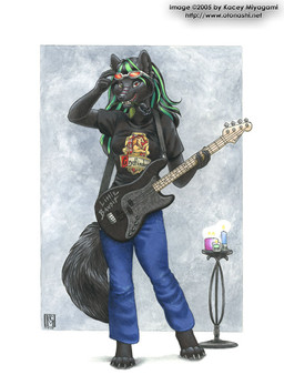 anthro bass_guitar black_body black_fur clothing eyewear female fur glasses guitar hair long_hair musical_instrument piercing playing_guitar playing_music plucked_string_instrument simple_background solo string_instrument tail text kacey canid canine mammal 2005 english_text url