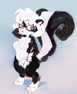 anthro blue_background bob_cut breasts digitigrade eyewear eyewear_only featureless_breasts female fluffy fluffy_tail fur glasses glasses_only hair hand_behind_head multicolored_body multicolored_fur nude nude_anthro nude_female open_mouth pose simple_background skunk_tail standing tail two_tone_body two_tone_fur wearing_glasses white_hair zanthu sabrina_online sabrina_(sabrina_online) mammal mephitid skunk hi_res pinup