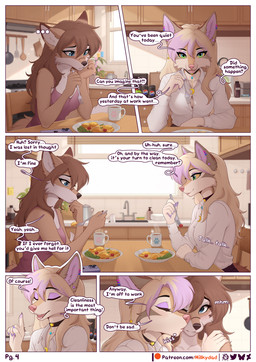 animal_ears anthro blonde_hair blue_eyes breasts brown_hair clothed clothing cutlery detailed_background dialogue duo ellipsis eyelashes eyes_closed eyeshadow female food fork front_view furniture green_eyes hair holding_object inside kitchen_utensils makeup pink_eyeshadow pink_hair pupils shirt sitting smile speech_bubble table text tools topwear yellow_sclera millkydad lilith_(millkydad) canid canine mammal comic english_text hi_res url
