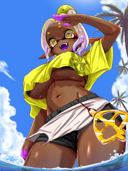 big_breasts bikini bikini_top bottomwear breasts clothing crop_top dark_body dark_skin eyebrows eyelashes female fingers glistening glistening_body glistening_skin humanoid_pointy_ears navel nipple_outline open_mouth outside partially_submerged pointy_ears pseudo_hair seaside shirt shorts solo swimwear tentacle_hair tentacles tongue topwear two-piece_swimsuit under_boob water yellow_eyes t2ukmyjm nintendo splatoon frye_(splatoon) animal_humanoid aquatic cephalopod humanoid inkling mollusk mollusk_humanoid 2026 3:4 digital_media_(artwork) hi_res