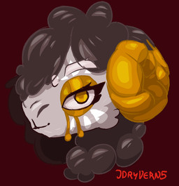 ambiguous_gender anthro black_body black_fur black_wool bovid_horn caprine_horn eyebrows eyelashes facial_markings female fur gold_(metal) gold_eyeshadow gold_tears head_markings horn looking_at_viewer markings ram_horn side_view simple_background solo white_body white_eyebrows white_fur wool_(fur) yellow_eyes yellow_horn just_dryvern bovid caprine mammal sheep digital_drawing_(artwork) digital_media_(artwork) line_art shaded