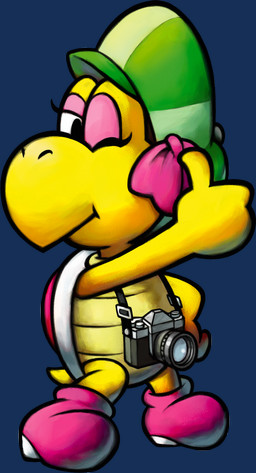 anthro camera clothing eyeshadow female footwear gesture green_clothing green_hat green_headwear hand_gesture hat headgear headwear makeup one_eye_closed pink_clothing pink_eyeshadow pink_footwear pink_shell pink_shoes shell shoes simple_background solo tail thumbs_up transparent_background wink masanori_sato mario_and_luigi_(series) mario_bros nintendo partners_in_time kylie_koopa koopa koopa_troopa pink_koopa_troopa reptile scalie tortoise turtle alpha_channel full-length_portrait hi_res official_art portrait