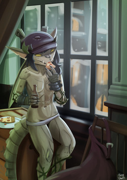 anthro beverage bottle casual_exposure clothed clothing container eating eating_food female fingers flat_chested food hair hat headgear headwear holding_bottle holding_container holding_object navel panties pizza pizza_slice sitting solo tail topless topless_anthro topless_female underwear kingdorkster deadlock valve valve_corporation ivy_(deadlock) gargoyle absurd_res digital_media_(artwork) hi_res