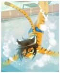 anthro border brown_hair clothed clothing eyewear goggles green_eyes hair male partially_submerged solo stripes swimwear tail topless underwater water white_border oouyuki_benten saba felid mammal pantherine tiger digital_media_(artwork)