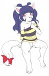 anthro biped blue_hair blush bottomless clothed clothing female genitals hair pussy sitting skimpy solo young young_anthro young_female ethersaga domestic_cat felid feline felis mammal hi_res