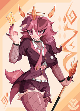 anthro bottomwear breasts card claws clothed clothing crown diamond_(gem) diamonds_(suit) facial_piercing female fishnet_clothing fishnet_legwear fur gem gold_(metal) headgear holding_object horn legwear necktie nose_piercing pants pawpads piercing playing_card simple_background six_of_diamonds smile solo staff suit suit_symbol tail thick_thighs tiara topwear torn_bottomwear torn_clothing torn_pants krampuscorner canid canine canis mammal absurd_res digital_media_(artwork) hi_res