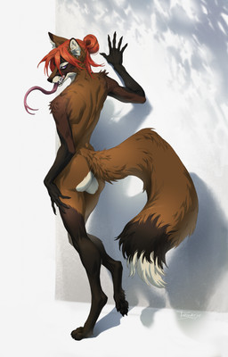 4_toes 5_fingers anthro arm_tuft arms_bent back_muscles bedroom_eyes bent_leg big_tail black_body black_claws black_ear_tips black_feet black_fur black_hands black_markings black_nose black_pawpads brown_body brown_ears brown_fur brown_tail brown_tuft butt cheek_tuft claws countershade_butt countershade_face countershade_fur countershade_neck countershade_torso countershading digitigrade dipstick_ears dipstick_tail ear_markings facial_tuft feet femboy finger_claws fingers fluffy fluffy_tail forked_tongue fur fur_markings fur_tuft gloves_(marking) grin grinning_at_viewer hair hair_bun half-closed_eyes hindpaw humanoid_hands inner_ear_fluff iris leg_markings long_tail long_tongue looking_at_viewer looking_back looking_back_at_viewer male male_anthro markings monotone_hair multicolored_body multicolored_ears multicolored_fur narrowed_eyes nude nude_anthro nude_male on_one_leg pawpads paws pink_tongue pose pupils purple_eyes raised_hand rear_view red_hair seductive shadow sharp_teeth short_hair shoulder_tuft simple_background slim slim_anthro slim_male smile smiling_at_viewer snout socks_(marking) solo standing straight_legs tail tail_markings tasteful_nudity teeth three-quarter_view toe_claws toes tongue tongue_out tuft white_body white_countershading white_fur white_inner_ear white_inner_ear_fluff white_markings white_sclera white_tail_tip white_tuft takiroku-sama ashmedai_ben_agrat canid canine demon fox hybrid mammal 2024 absurd_res dated english_description full-length_portrait hi_res pinup portrait shaded signature