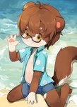 anthro beach blue_bottomwear blue_clothing blue_shorts bottomwear brown_body brown_fur brown_hair clothed clothing eyewear fur gesture glasses hair looking_at_viewer male open_clothing open_shirt open_topwear pawpads sand sea seaside shirt shorts sitting smile smiling_at_viewer solo topwear water waving waving_at_viewer young young_anthro yupa bear mammal 2023 character_request