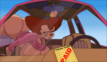 anthro bedroom_eyes bent_over big_breasts big_butt bottomwear bottomwear_down breasts brown_hair butt car clothed clothing clothing_lift curvy_figure ear_piercing ear_ring eyebrows female hair huge_breasts huge_butt inside_car inside_vehicle looking_at_viewer motor_vehicle narrowed_eyes pants pants_down parking_ticket partially_clothed piercing raised_eyebrow ring_piercing seductive solo sweater sweater_lift tan_body tan_skin through_window ticket topwear vehicle voluptuous lordstevie disney goof_troop peg_pete canid canine mammal