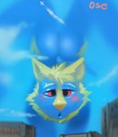 anthro blonde_eyebrows blonde_hair blue_body blue_fur blush building butt cheek_tuft cloud eyebrows facial_tuft fur hair looking_at_viewer macro male red_eyes simple_background sky solo tuft yellow_body yellow_ears yellow_fur yellow_inner_ear yellow_nose oselotti nintendo pokemon dialuca01 generation_3_pokemon manectric pokemon_(species) absurd_res hi_res signature