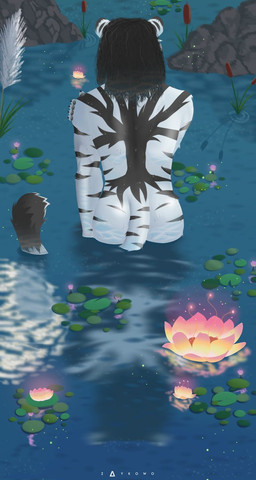 anthro black_hair hair lake long_hair male moon nefar reflection solo white_tiger_print zaykowo amadeus_(character) lotto val_(character) ambient_arthropod ambient_firefly ambient_insect arthropod felid feline mammal pantherine tiger hi_res