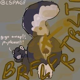 anthro balls darkened_balls darkened_genitalia dialogue fart fart_cloud fart_fetish fluffy fluffy_tail genitals grey_background male multicolored_body pawpads presenting purple_body scared shy simple_background solo tail two_tone_body warning lspagf skunk_(lspagf) mammal mephitid skunk 1:1 absurd_res hi_res