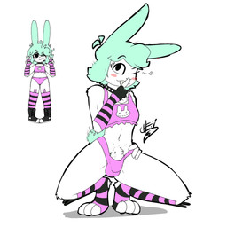 anthro armwear bra buckteeth clothing female femboy flirting flirting_with_viewer footwear fur genitals hair mint_fur mint_green_fur panties_bulge penis pubes pubes_exposed rabbit_ears scut_tail short_tail socks solo tail teeth topwear underwear white_body white_fur foxchen wunny domestic_rabbit lagomorph leporid mammal oryctolagus rabbit 1:1 hi_res