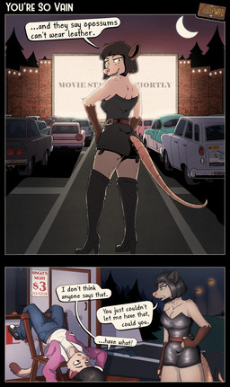 anthro bangs belt big_breasts black_boots black_clothing black_dress black_footwear black_hair black_shoes black_text blue_bottomwear blue_clothing blue_jeans blue_pants bob_cut boots bottomwear breasts brown_belt brown_body brown_ears brown_eyebrows brown_eyes brown_fur brown_tail_tip bumper_sticker butt car chair cleavage clock clothed clothed_anthro clothed_female clothed_male clothing crescent_moon denim denim_bottomwear denim_clothing dialogue dipstick_tail dress drive-in_theater duo evergreen_tree eyebrows female female_anthro footwear freckled_face freckled_shoulders freckles fur furgonomics furniture green_eyes green_pupils grey_body grey_fur hair hairless_tail head_turned high_heeled_boots high_heels jacket jeans leather leather_boots leather_clothing leather_dress leather_footwear legwear looking_back male male_anthro markings moon multicolored_body multicolored_clothing multicolored_footwear multicolored_fur multicolored_shoes multicolored_topwear night open_clothing open_jacket open_topwear outside pants pine_tree pink_inner_ear pink_nose pink_tail plant pompadour pupils purple_clothing purple_jacket purple_topwear rear_view shirt shoes sky speech_bubble standing star starry_sky street_lamp tail tail_markings talking_to_another tan_body tan_fur text thigh_boots thigh_highs topwear tree two_tone_body two_tone_clothing two_tone_footwear two_tone_fur two_tone_jacket two_tone_shoes two_tone_topwear upside_down vehicle wall_clock white_clothing white_footwear white_jacket white_shirt white_shoes white_topwear posspowered belle_vedder_(posspowered) paris_dollar_(posspowered) american_opossum domestic_cat felid feline felis mammal marsupial virginia_opossum 2026 absurd_res english_text hi_res
