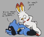 anthro buckteeth cotton_tail dialogue duo genitals humanoid_genitalia humanoid_penis male male/male penis teeth tongue tongue_out badipoki nintendo pokemon generation_4_pokemon generation_8_pokemon pokemon_(species) riolu scorbunny hi_res