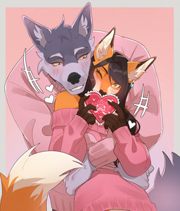 5_fingers anthro anthro_on_anthro black_hair black_nose blush bottomwear breasts claws clothed clothed_anthro clothed_female clothed_male clothing digit_ring duo fangs female finger_claws finger_ring fingers fur grey_body grey_fur hair hug hugging_another hugging_from_behind humanoid_hands interspecies jewelry larger_male male male/female orange_body orange_fur pants romantic romantic_couple size_difference smaller_female smile sweater tail teeth topwear white_body white_fur donbom cynthia_saito michael_(collarspider) canid canine canis fox mammal wolf hi_res