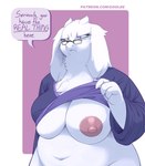 2024 anthro areola artist_name biped boss_monster_(undertale) bovid breasts caprine clothed clothing clothing_lift dialogue english_text eyewear female fur glasses goat goolee mammal purple_eyes shirt shirt_lift solo speech_bubble text topwear toriel undertale_(series) url white_body white_fur