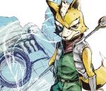 anthro belt black_nose brown_body brown_fur canid canine clothed clothing fox fox_mccloud fur gloves green_eyes handwear jacket low_res male mammal nintendo outside scarf solo staff star_fox topwear weapon white_body white_fur zettdot