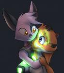 amputee anthro black_nose blonde_hair blue_eyes clothed clothing disability duo female fur glowing hair looking_back missing_arm pink_body pink_fur pink_hair pink_nose smile scottderg dreamkeepers starwarriors ezmeralda viriathus_vayu canid canine fox mammal 2015