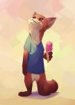 abstract_background ambiguous_gender anthro biped black_nose bottomless brown_eyes claws clothed clothing dessert featureless_crotch fluffy fluffy_tail food fur gloves_(marking) holding_object ice_cream ice_cream_cone inner_ear_fluff leg_markings light looking_up markings orange_body orange_fur shirt socks_(marking) solo tail toe_claws topwear tuft white_body white_fur elodoart canid canine fox mammal red_fox true_fox full-length_portrait hi_res lighting portrait