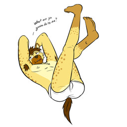 anthro armpit_hair body_hair briefs butt clothed clothing dialogue fur hands_behind_head legs_up male markings nipples simple_background solo spots spotted_body spotted_fur tail tighty_whities underwear underwear_only white_briefs white_clothing white_underwear fuze fuzeyeen hyena mammal spotted_hyena 1:1 hi_res
