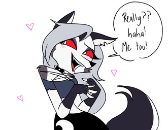 anthro blush clothing collar dialogue female fingerless_gloves fur gloves grey_body grey_fur grey_hair hair handwear heart_symbol long_hair red_sclera solo speech_bubble spiked_collar spikes text white_body white_eyes white_fur emositecc hellaverse helluva_boss mythology loona_(helluva_boss) canid canid_demon canine demon hellhound mammal mythological_canine mythological_creature english_text hi_res