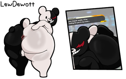 anthro arched_back balls big_butt black_body butt genitals hand_on_butt looking_at_viewer looking_back male multicolored_body nude open_mouth overweight presenting simple_background solo spread_butt spreading tail text thick_thighs vulva white_background white_body lewdewott danganronpa spike_chunsoft monokuma bear mammal ursine 16:10 digital_media_(artwork) english_text hi_res widescreen