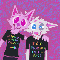 anthro black_clothing black_shirt black_t-shirt black_topwear blood blue_background blue_eyes bodily_fluids breasts clothed clothing duo fangs female fur grey_body grey_fur male nosebleed open_mouth open_smile pink_body pink_fur rainbow_text shirt simple_background smile t-shirt teeth text text_on_clothing text_on_shirt text_on_topwear topwear demensa canid canine canis domestic_dog mammal 1:1 2024 english_text half-length_portrait hi_res portrait