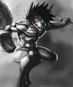 anthro blood bodily_fluids dagger fangs male melee_weapon nude simple_background solo teeth weapon chanrom canid canine canis mammal wolf hi_res monochrome