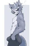 anthro beard bottomwear bulge clothed clothing eye_patch eyewear facial_hair fur grey_body grey_fur male notched_ear pants pulling_up_pants red_eyes scar smoking solo sweatpants topless kyron-ladon nintendo star_fox tight_pants_(meme) wolf_o'donnell canid canine canis mammal wolf 2023 hi_res meme