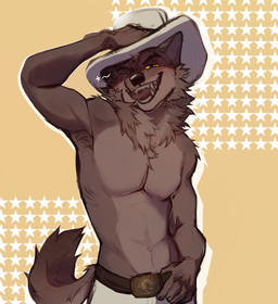 anthro belt bottomwear brown_body brown_fur clothing cowboy_hat fangs front_view fur hat headgear headwear looking_at_viewer male muscular muscular_anthro muscular_male one_eye_closed pants seductive sharp_teeth shirtless_anthro shirtless_male solo teeth wink winking_at_viewer excaliburwolf dreamworks the_bad_guys mr._wolf_(the_bad_guys) canid canine canis mammal wolf hi_res