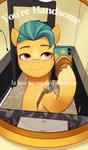 badge bathroom cellphone detailed_background electronics feral holding_cellphone holding_object holding_phone holding_smartphone hooves inside leg_markings male markings mirror mirror_reflection mirror_selfie phone public_restroom reflection sash selfie sheriff_badge smartphone smile socks_(marking) text turquoise_hair marenlicious hasbro mlp_g5 my_little_pony hitch_trailblazer_(mlp) earth_pony equid equine horse mammal pony absurd_res hi_res