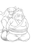 anthro belly big_belly bodily_fluids clothed clothing duo kemono male moobs overweight overweight_male sweat hysk sengoku_puzzle tokugawa_ieyasu canid canine mammal raccoon_dog tanuki 2023 hi_res monochrome